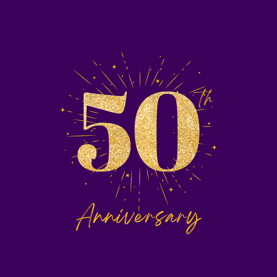 50th anniversary image. Numbers in gold on a purple background