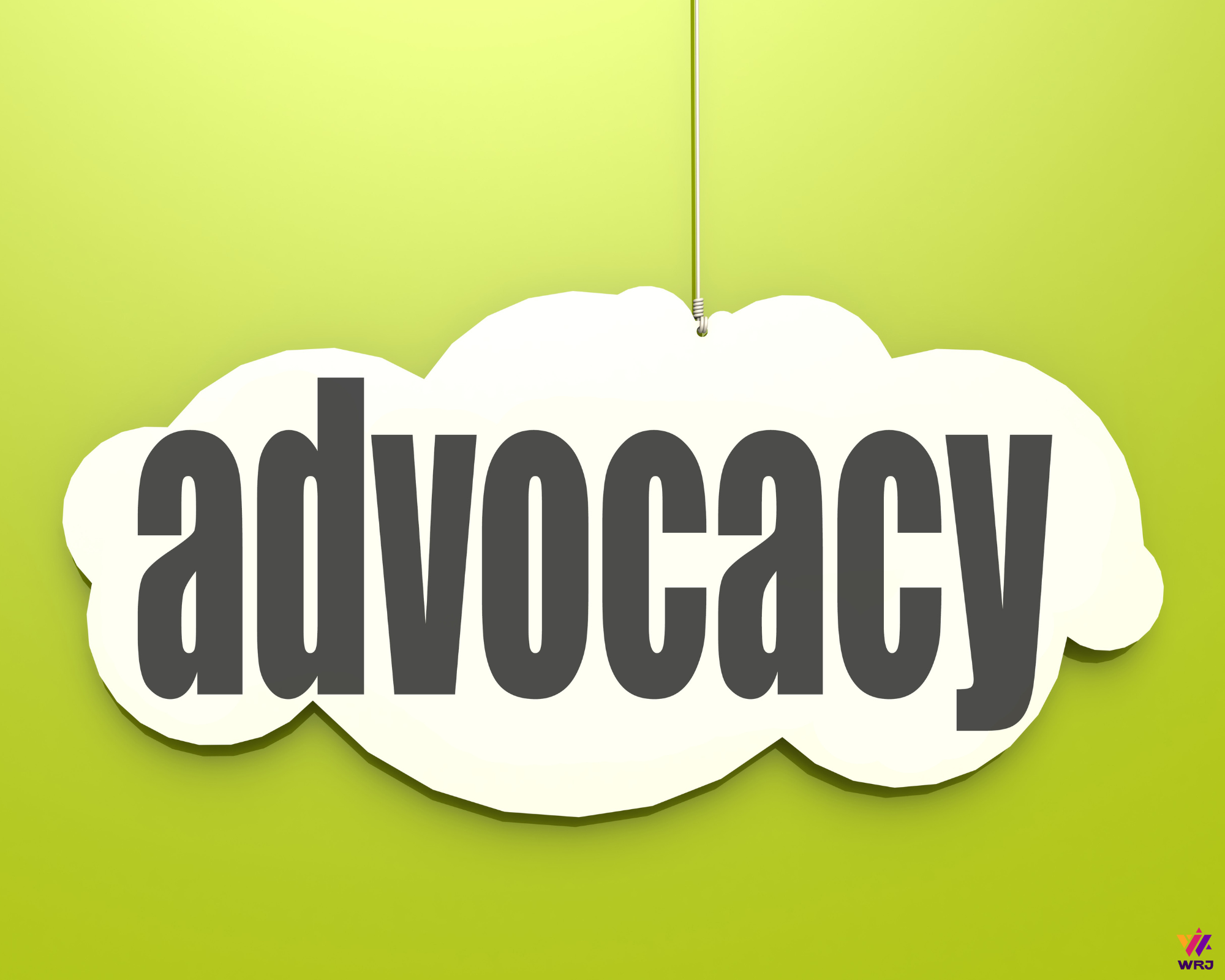 Advocacy in a white cloud against a lime green background. 