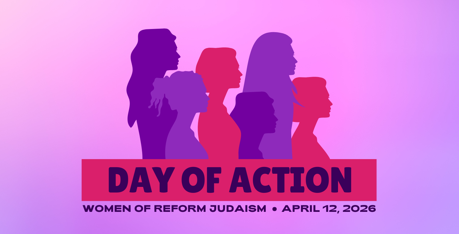 Women of Reform Judaism Day of Action, April 12, 2026, graphic of heads of women in purple and pink