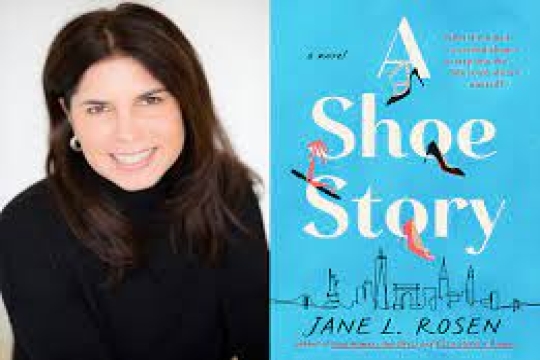 Author headshot next to A Shoe Story blue cover page with white font. 