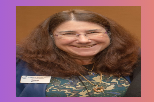 Trina Novak smiling against a purple and orange background.